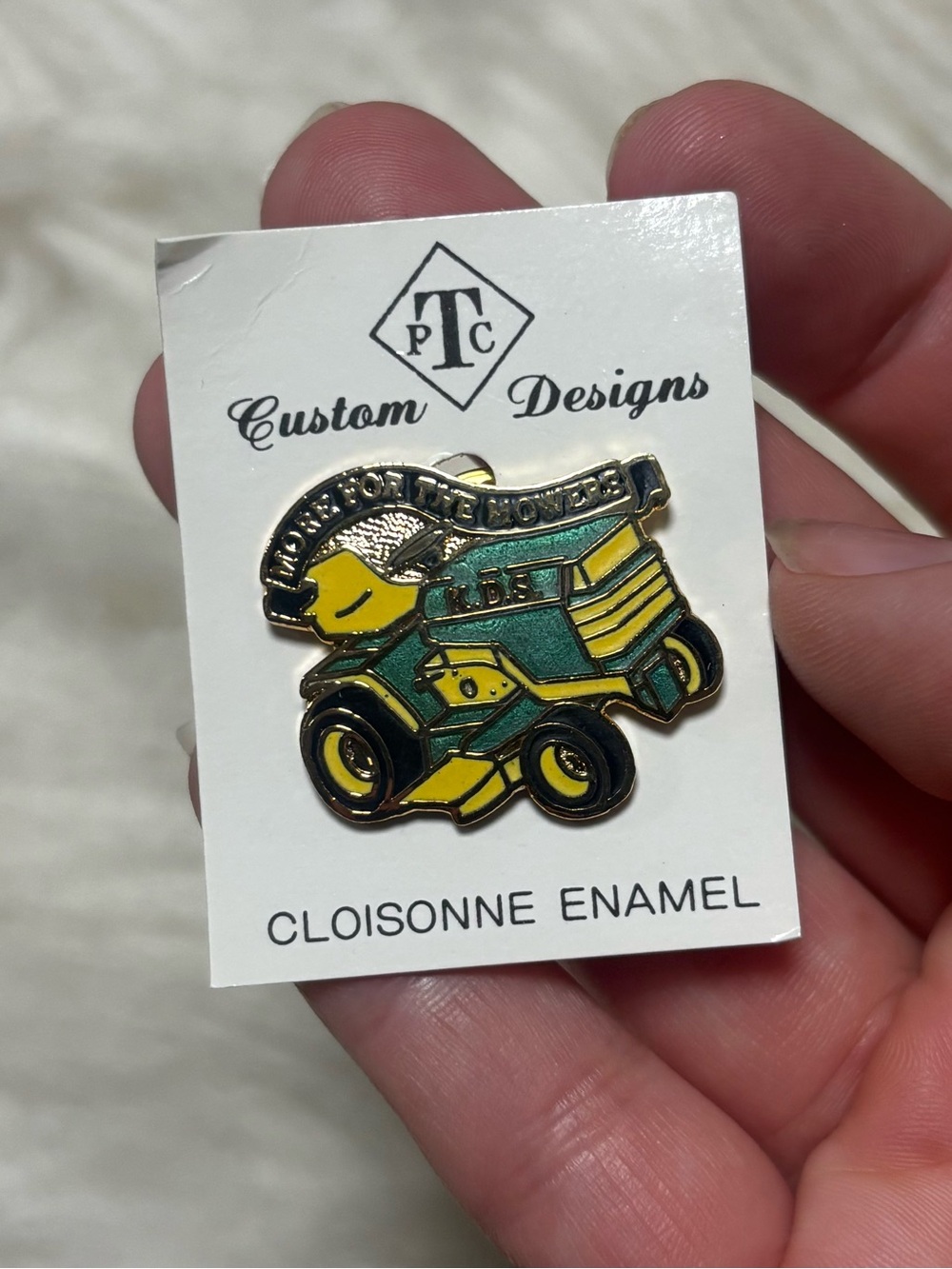 Yellow & Green Enamel Lawnmower Pin